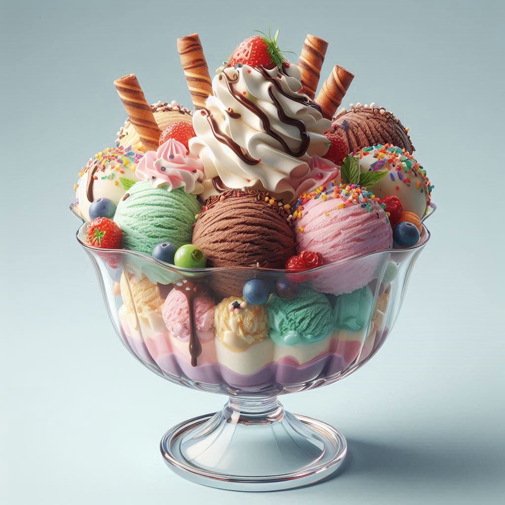 Colorful ice cream sundae with whipped cream, strawberries, wafer rolls and toppings in a glass dessert bowl
