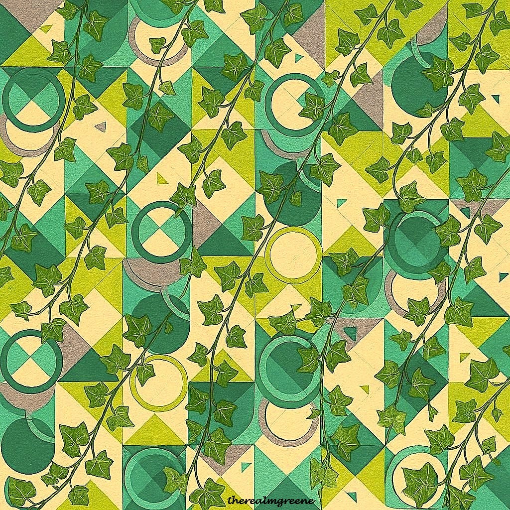 Abstract green geometric pattern with ivy vines on a beige background