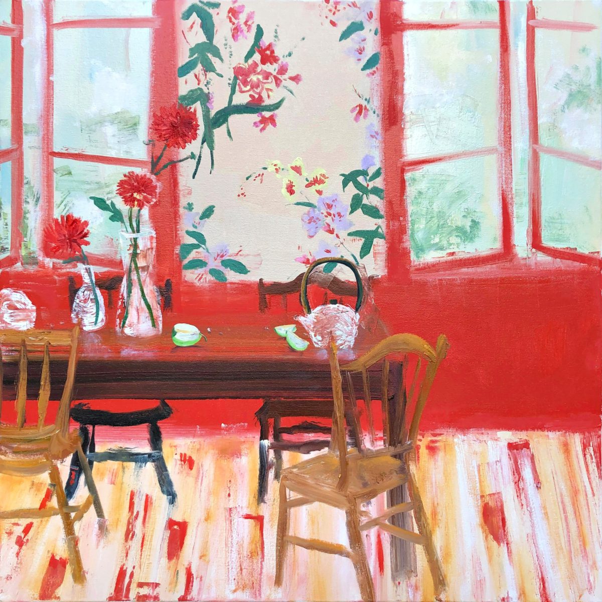 Bright painting of interior room with red table, chairs, flowers in vases, and windows with floral wallpaper