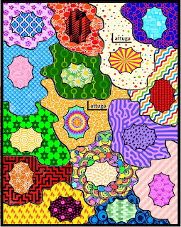 Colorful patchwork quilt with geometric patterns, flowers, polka dots, and various fabric textures in bright colors
