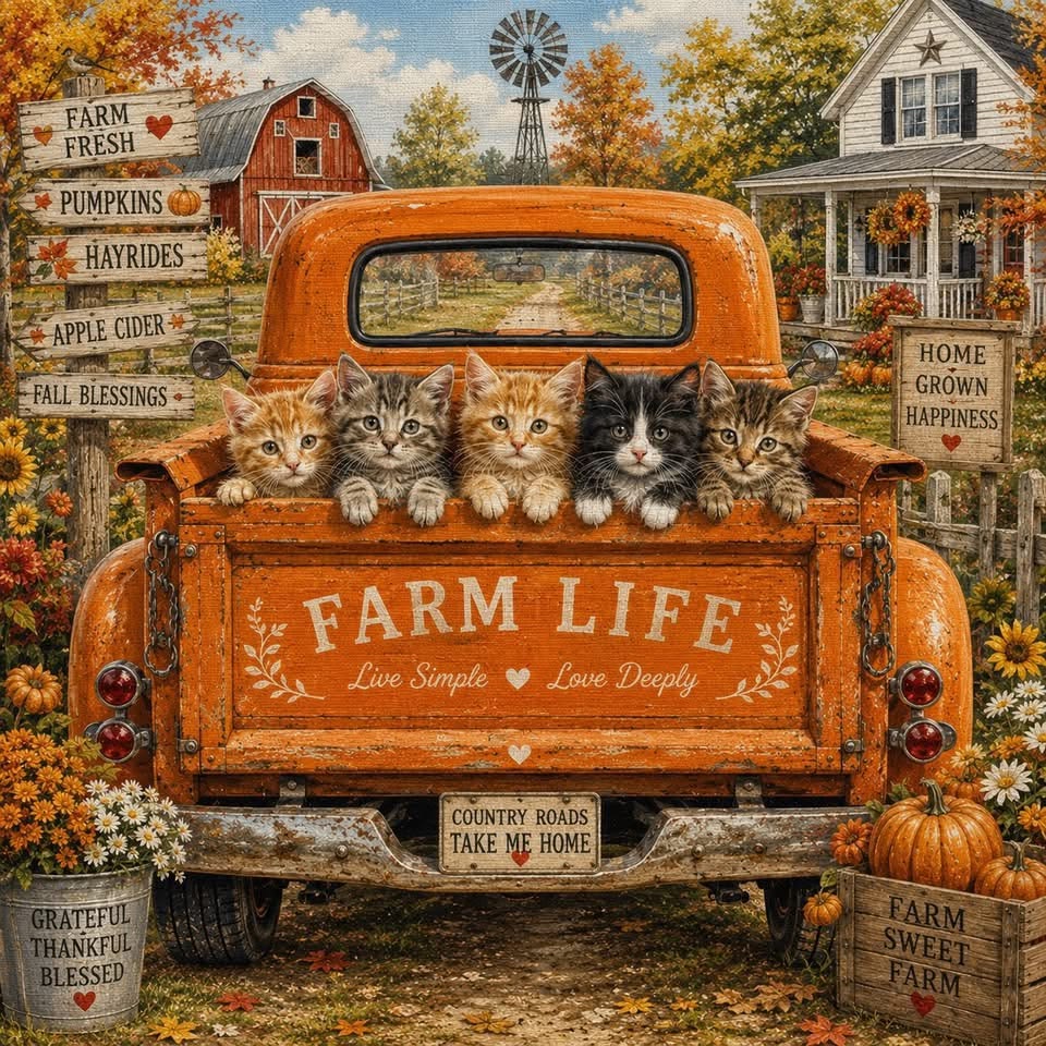Five kittens in an orange vintage truck on a farm with autumn decorations.