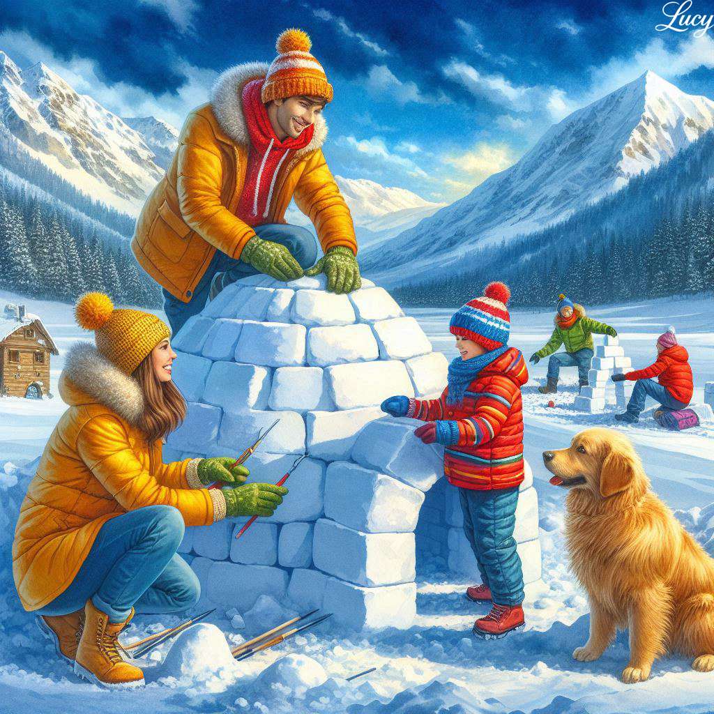 Family building an igloo together in snow with dog and mountains
