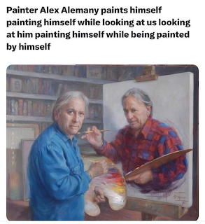 Humorous image of a painter making a self-portrait that shows himself painting again