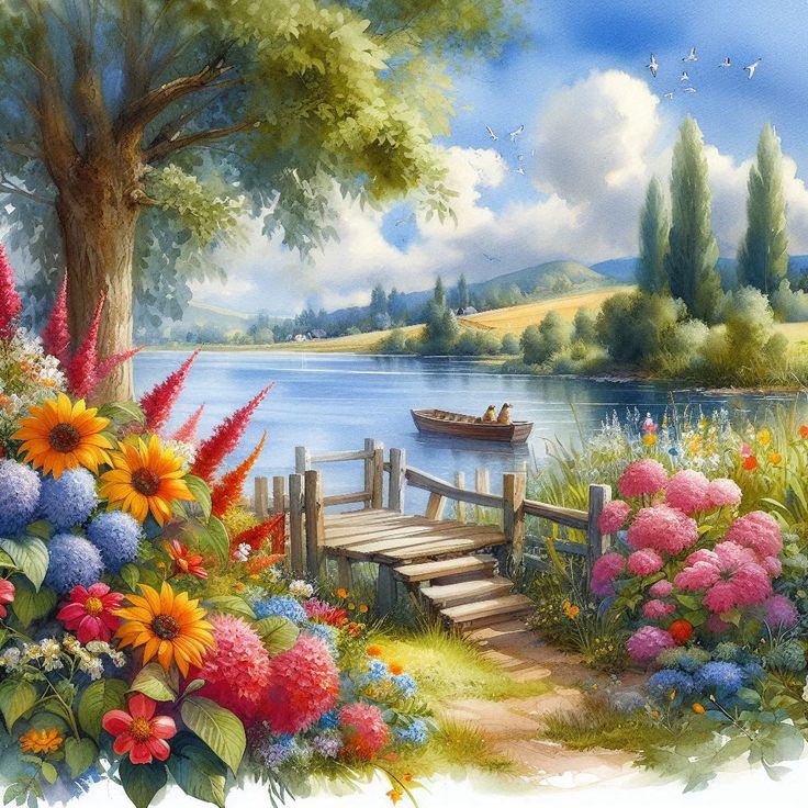 Watercolor painting of flower-lined dock on peaceful lake with mountains