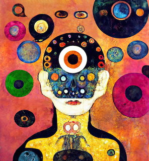 Abstract painting of a woman with colorful circles around her head