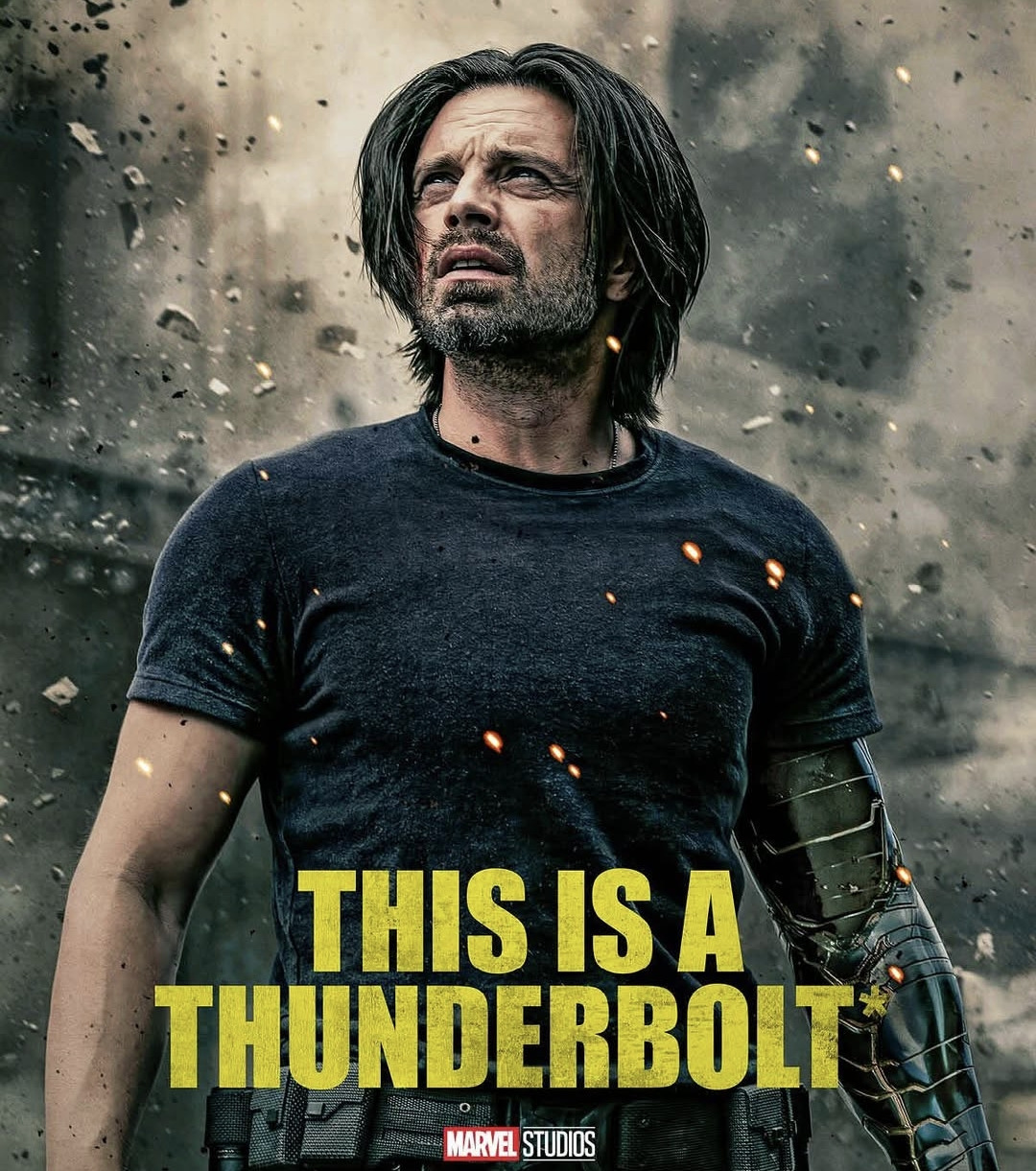 Bucky Barnes the Winter Soldier with metal arm, muscular portrait