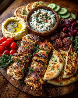 Overhead view of a grilled skewer platter with pita, hummus, tzatziki, and fresh vegetables on a wooden board