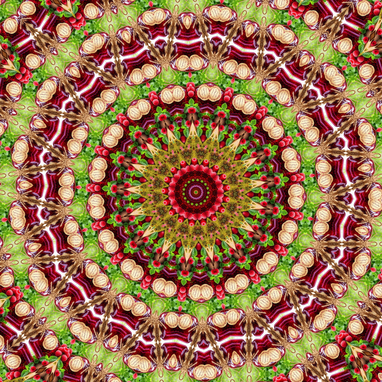 Intricate circular mandala with radiating red, green, and gold geometric patterns in symmetrical design