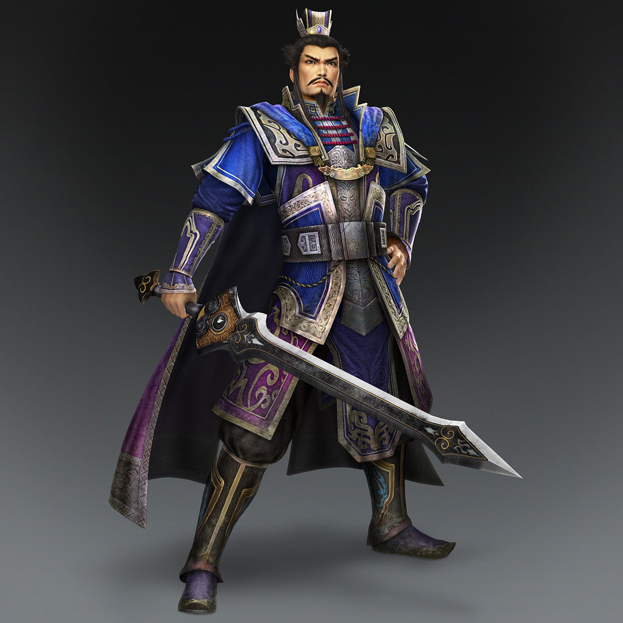 3D character render of Cao Cao in blue armor holding a sword on a dark background