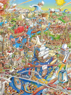 Dense cartoon illustration with countless characters and colorful scenes packed together in a busy world map layout