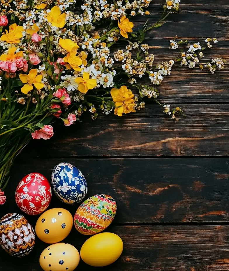 Painted Easter eggs with wildflowers on dark wooden table