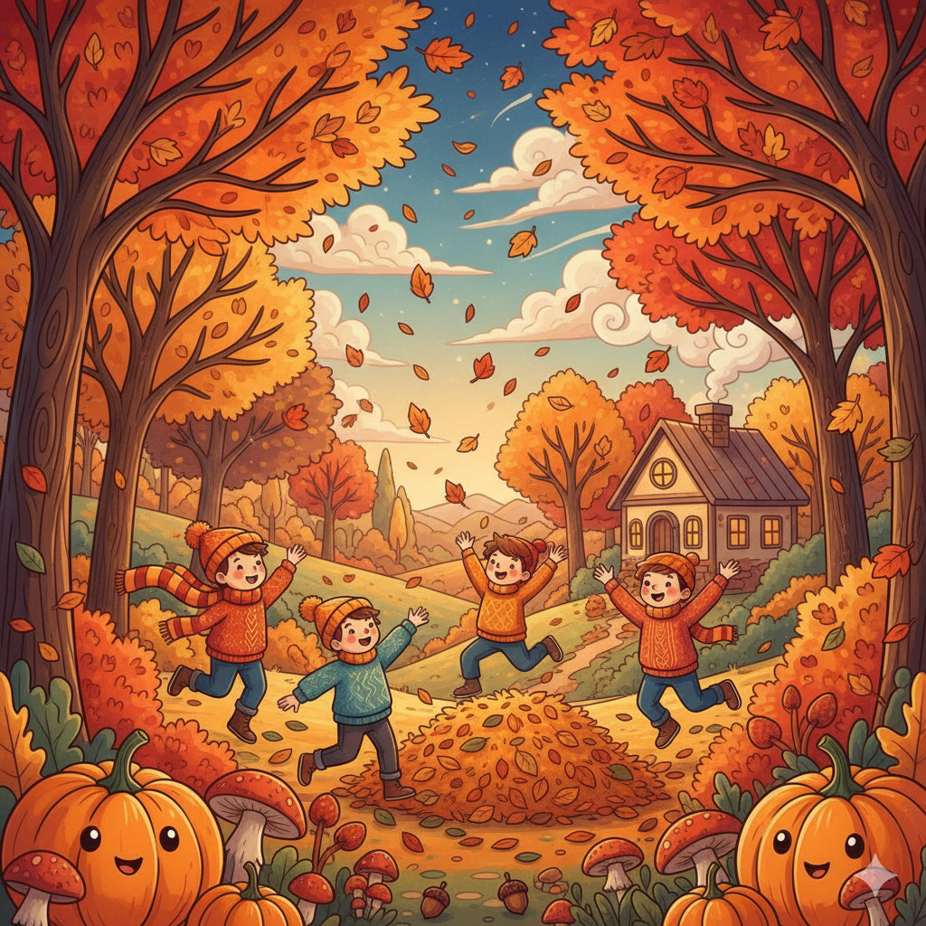 Four happy children jumping in autumn leaves with fall trees, pumpkins, and cottage in background