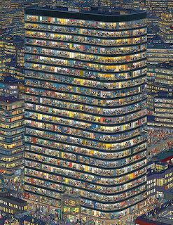 Illustration of a tall office tower with glowing windows in a nighttime city
