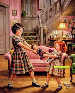 Vintage painting of two girls in plaid dresses fighting over a doll in a 1950s living room