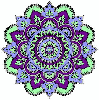 Ornate mandala with purple, blue and green concentric floral patterns on white background