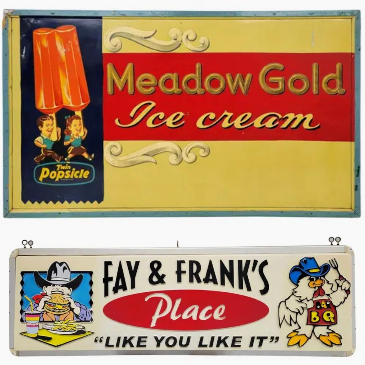 Two vintage tin advertising signs, one for Meadow Gold Ice Cream and one for Fay & Frank's Place