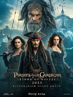 Pirates of the Caribbean movie poster with Captain Jack Sparrow center, flanked by two women, ships and supernatural elements