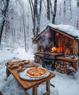 Snow-covered cabin in forest with pizza and breakfast on wooden table outdoors