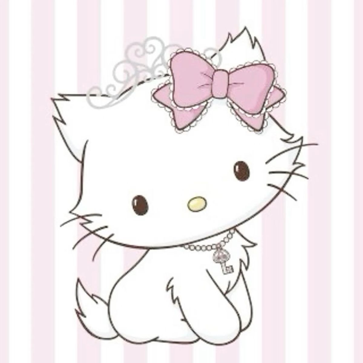 White cartoon kitten with a pink bow on a pastel striped background