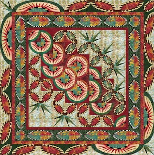 Detailed quilt with circular patterns, star designs, and decorative borders in red, green, and tan