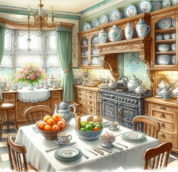 Victorian kitchen with wooden cabinets, vintage black stove, dining table with fruit bowls, decorative china plates on shelves