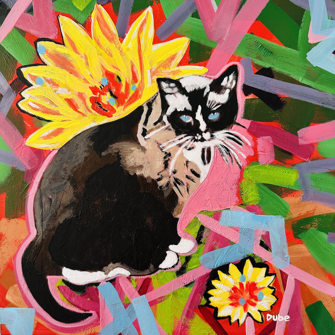 Colorful painting of a cat with black and white fur sitting among bright yellow and pink flowers on a vibrant background