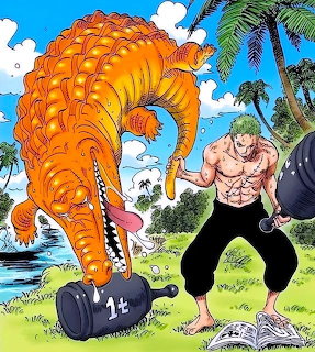 Muscular green-haired anime character training with large tiger-striped dumbbell outdoors near palm trees