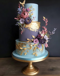 Three-tier wedding cake with blue fondant, purple sugar flowers, and gold leaf details on gold cake stand
