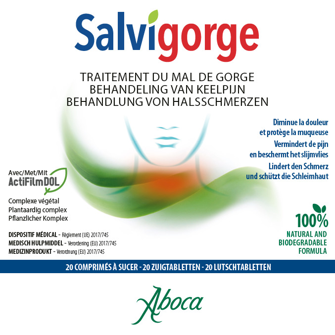 Front of Salvigorge packaging with abstract face illustration and multilingual text