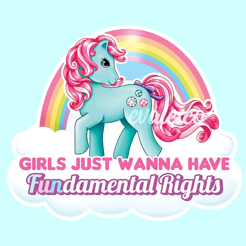 Light blue unicorn with pink curly mane standing before a rainbow on clouds with text about fundamental rights