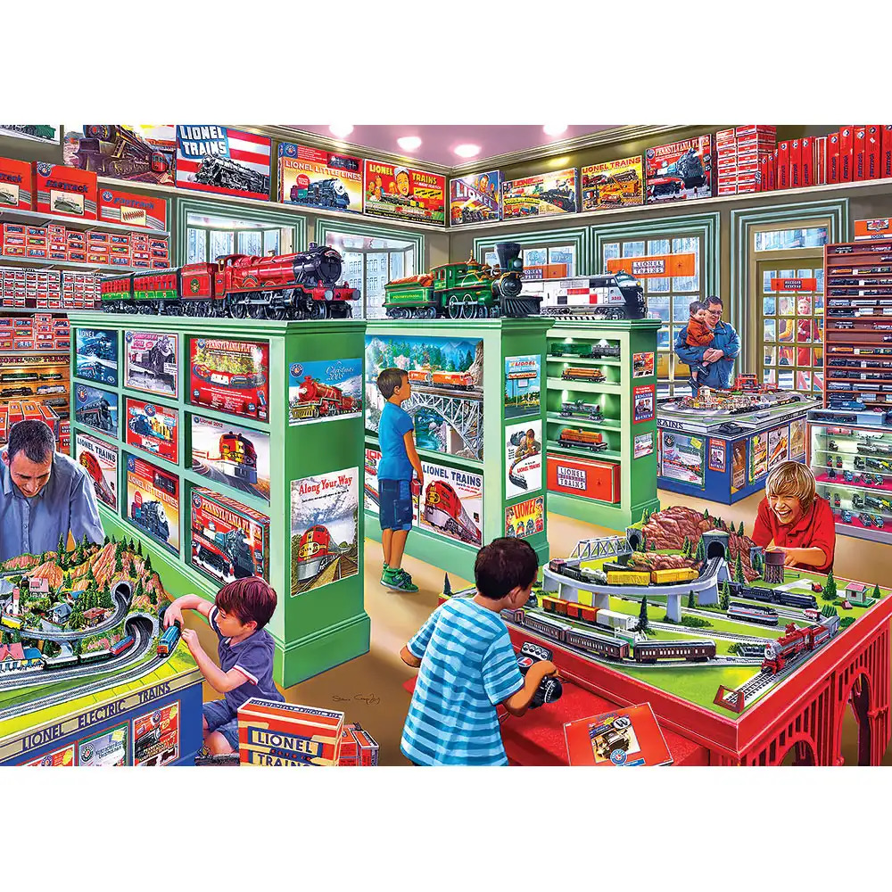 Illustration of a toy train store with model train layouts, shelves of train sets, and several shoppers