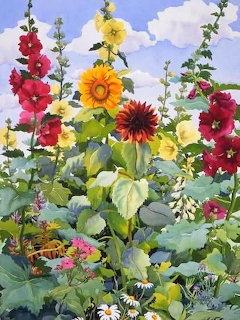 Watercolor painting of red, yellow, and pink hollyhocks with orange and red sunflowers in a garden