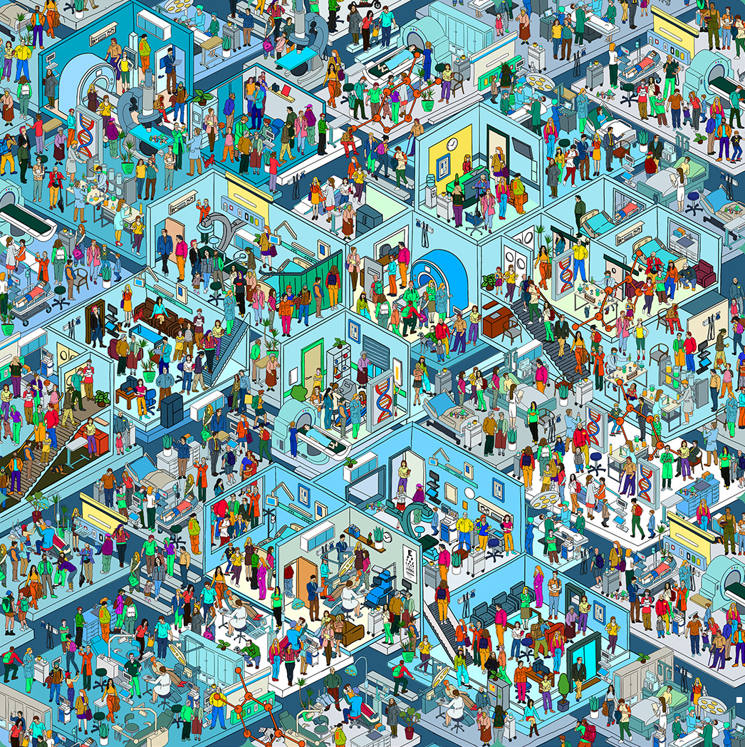 Isometric illustration of a crowded university campus with students, buildings, and pathways in bright colors