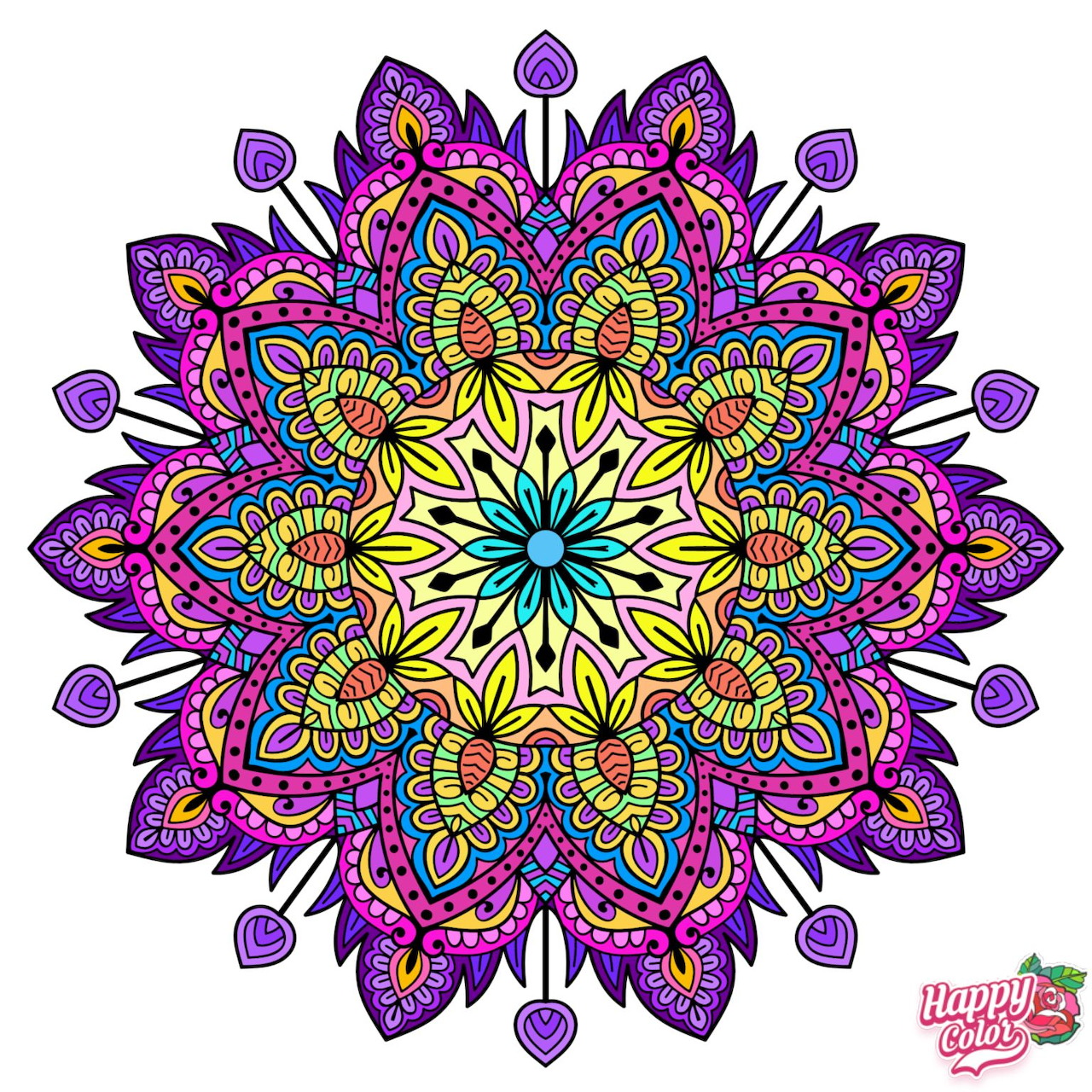 Colorful mandala with purple petals, yellow and green decorative elements, and teal center star