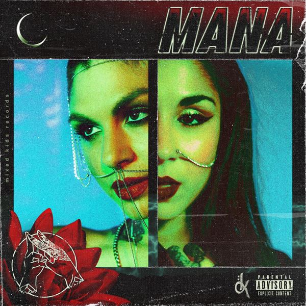 Album cover with a split portrait of a woman, red rose, and Mana text at the top