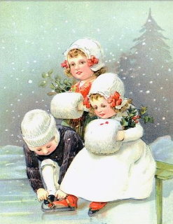 Vintage illustration of children ice skating on a frozen pond in winter