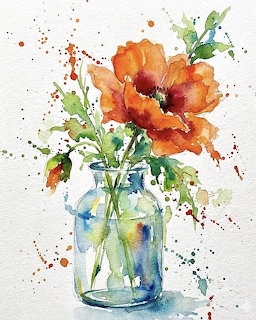 Orange Popy Watercolor Vase