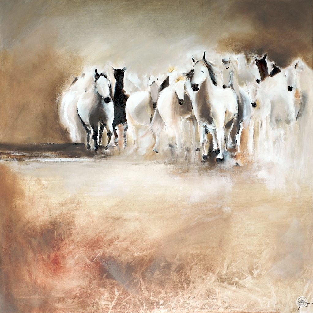 Painting of a group of white horses in a soft, misty landscape