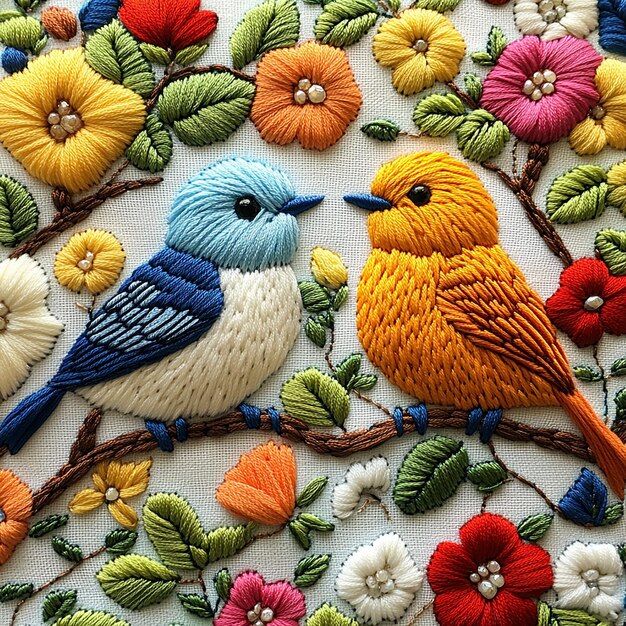 Two colorful embroidered birds on branches surrounded by flowers and leaves
