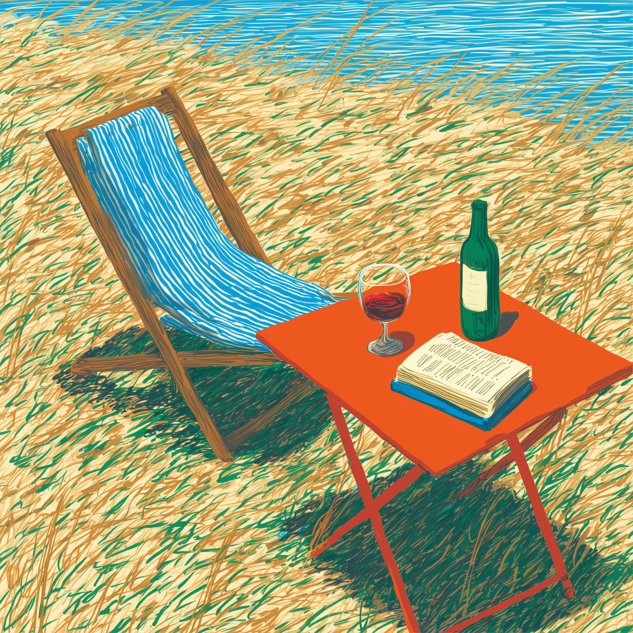 Blue striped beach chair next to orange table with wine and book on sandy beach