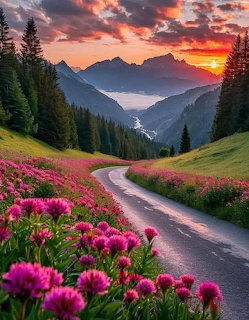 Mountain Road Wildflowers Sunset