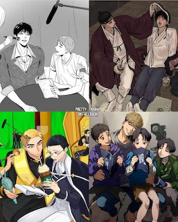 Collage of four BL manga illustrations showing male character couples in casual intimate scenes