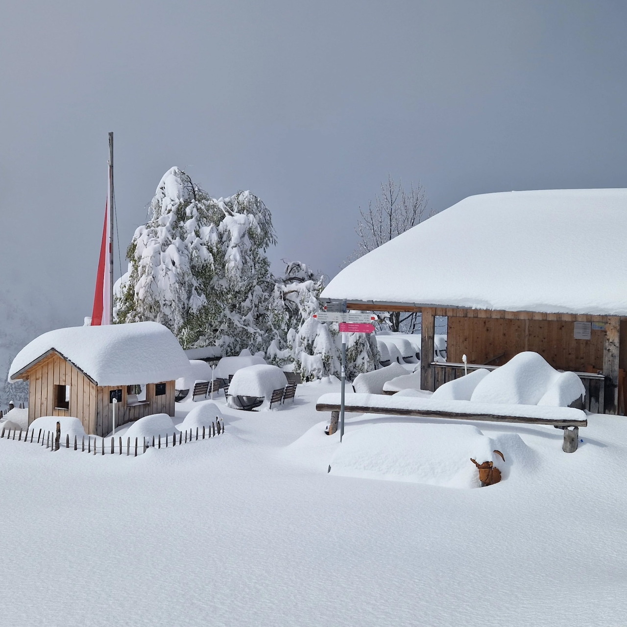 Snow-covered cottage and small wooden building in a quiet winter landscape