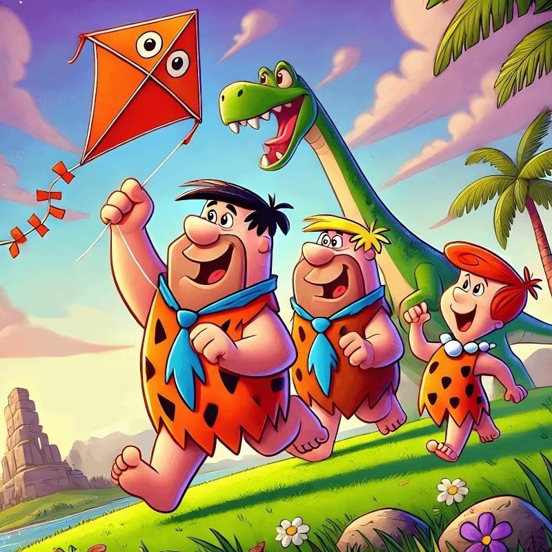 The Flintstones cartoon family flying an orange kite on a sunny hillside with palm trees and rainbow sky
