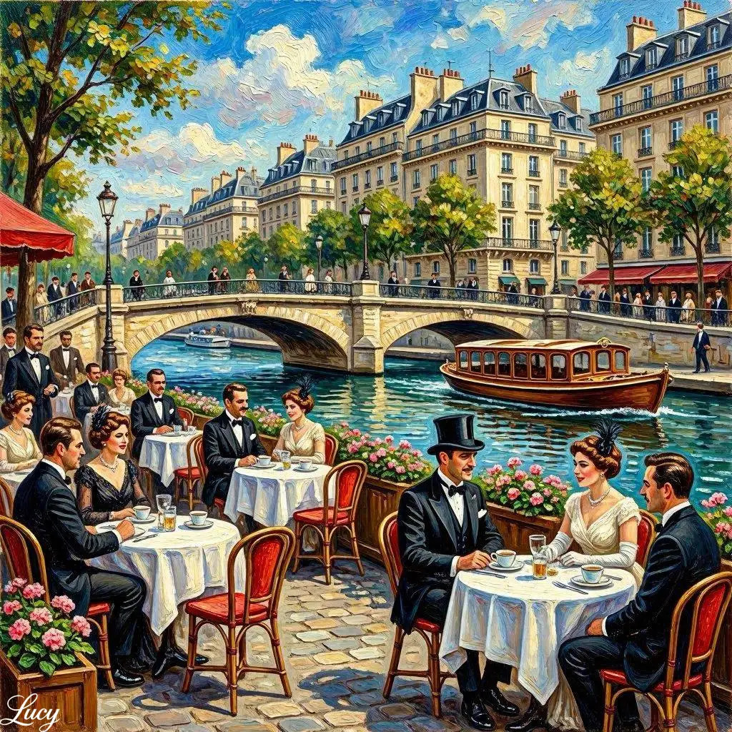 Vintage painting of people dining at outdoor café tables beside a Parisian canal with a bridge and classic architecture