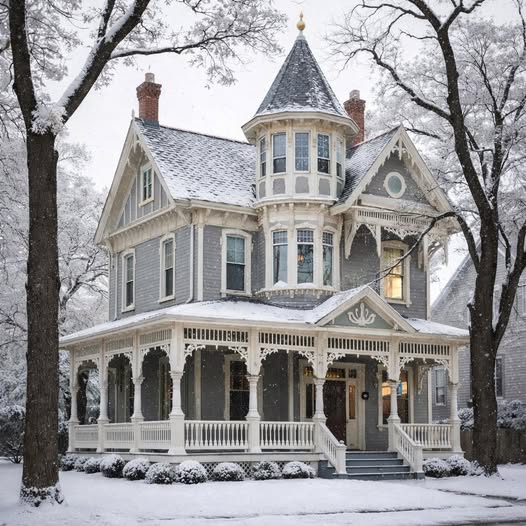 Victorian house with a wraparound porch covered in snow among leafless trees