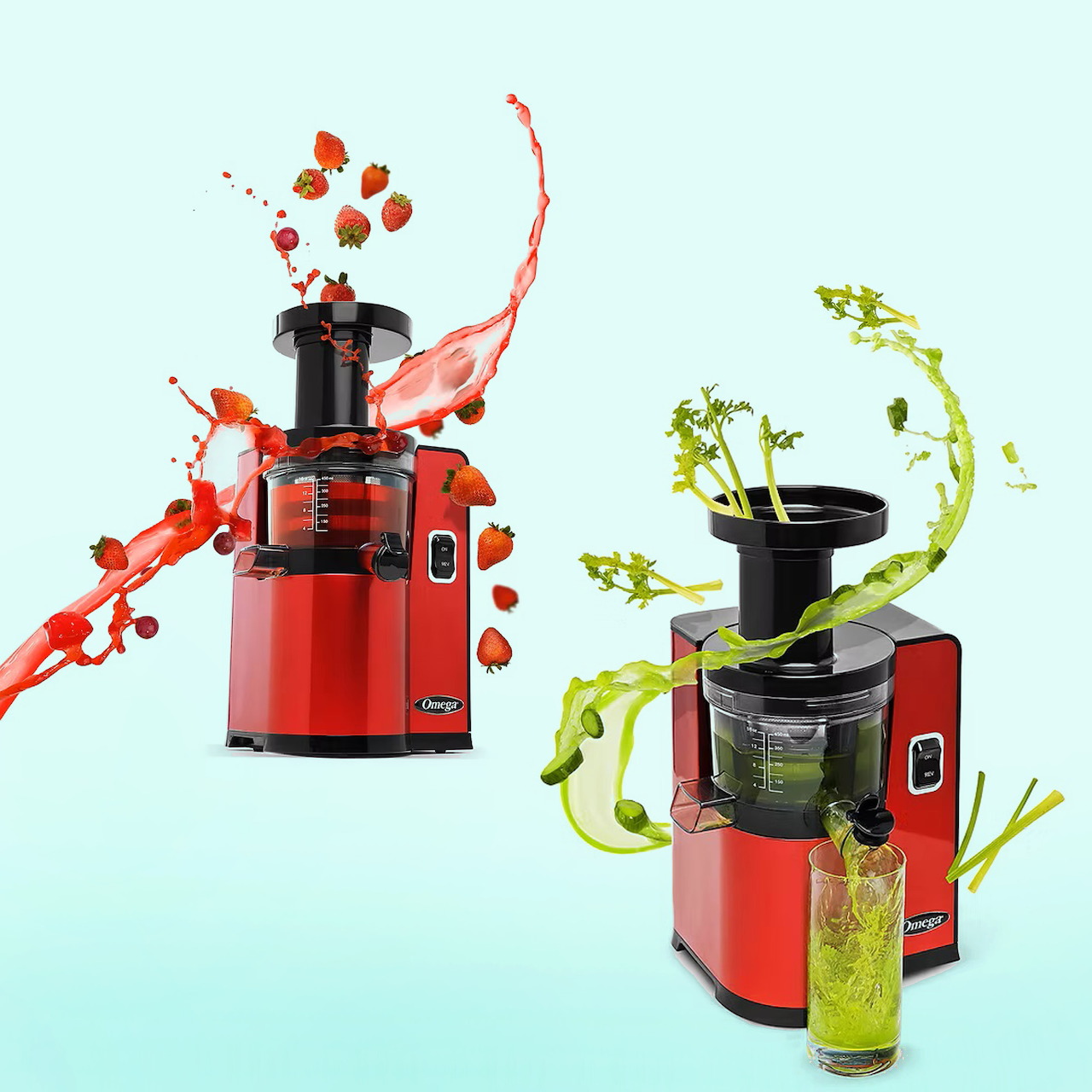Two red juicer machines with red and green juice splashes on a light blue background