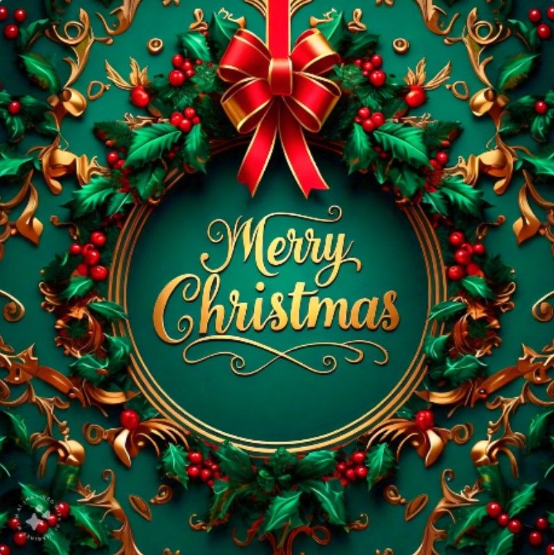 Decorative Christmas wreath with golden ornament displaying Merry Christmas text, red bow, holly and berries