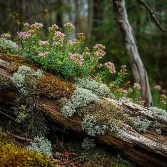 Pink wildflowers and pale lichen on a mossy fallen log in a forest