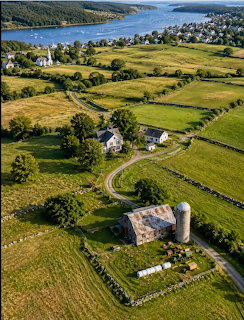 Aerial view of a farm with green fields, barn, silo, stone walls, and ocean in the background